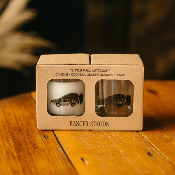 "LITTLE FULL, LOTTA SAP" CANDLE + COCKTAIL GLASS HOLIDAY SET Candle The perfect gift for the cocktail enthusiast 